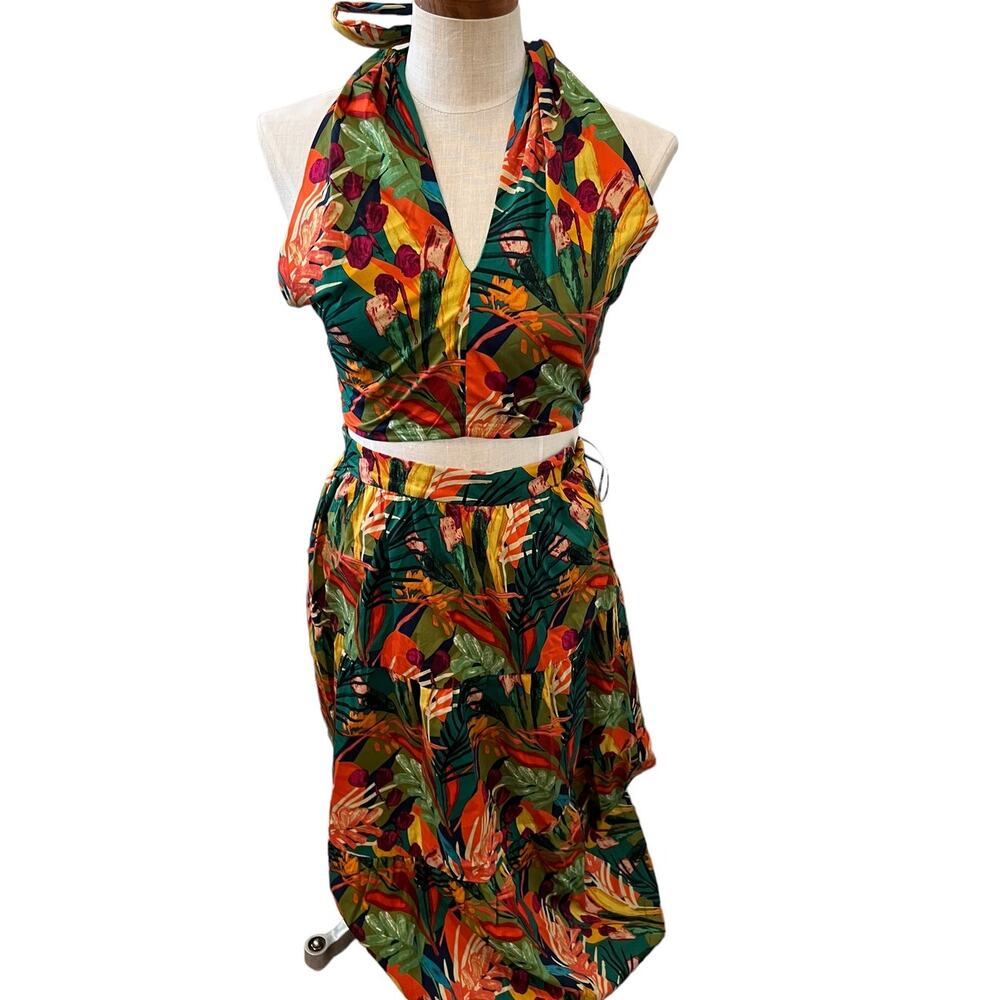 Revolve OPT One Pretty Time green tropical print halter & maxi skirt set S